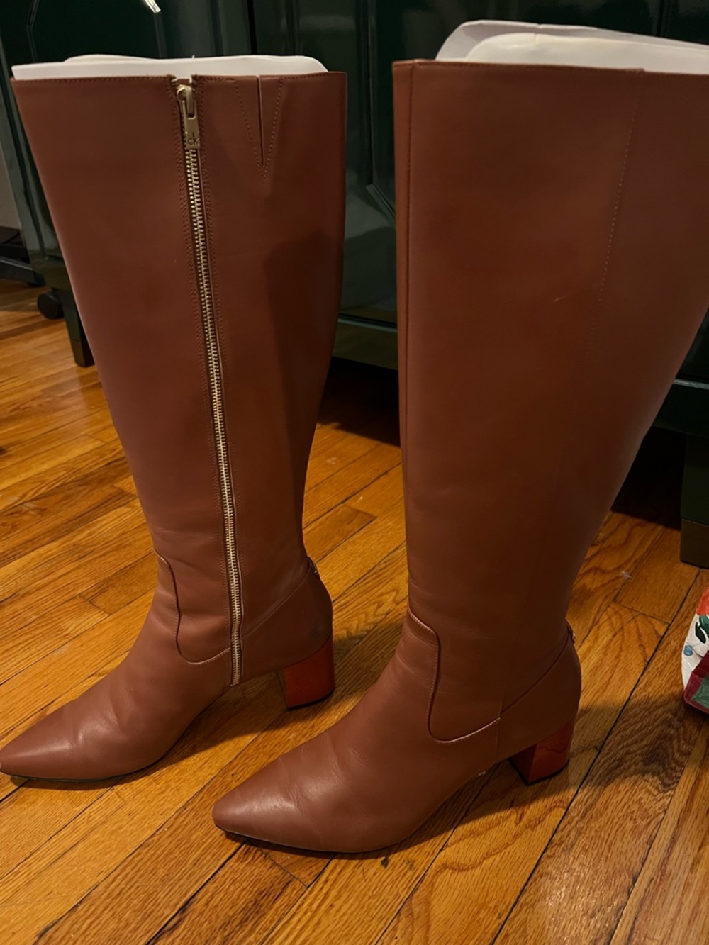 Calvin Klein Chestnut Knee-High Leather Block Heel Boots